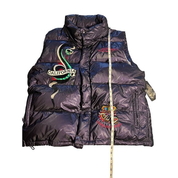 Ed Hardy Mens XXL purple Puffer Vest Snake & Skull Embroidery Down hood Y2K - Picture 13 of 15